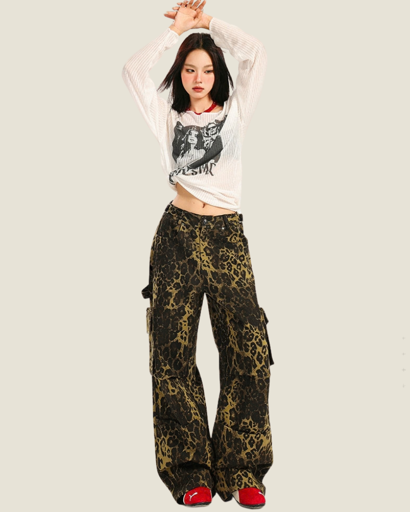 Streetwear Women’s Loose Fit Cargo Leopard Jeans