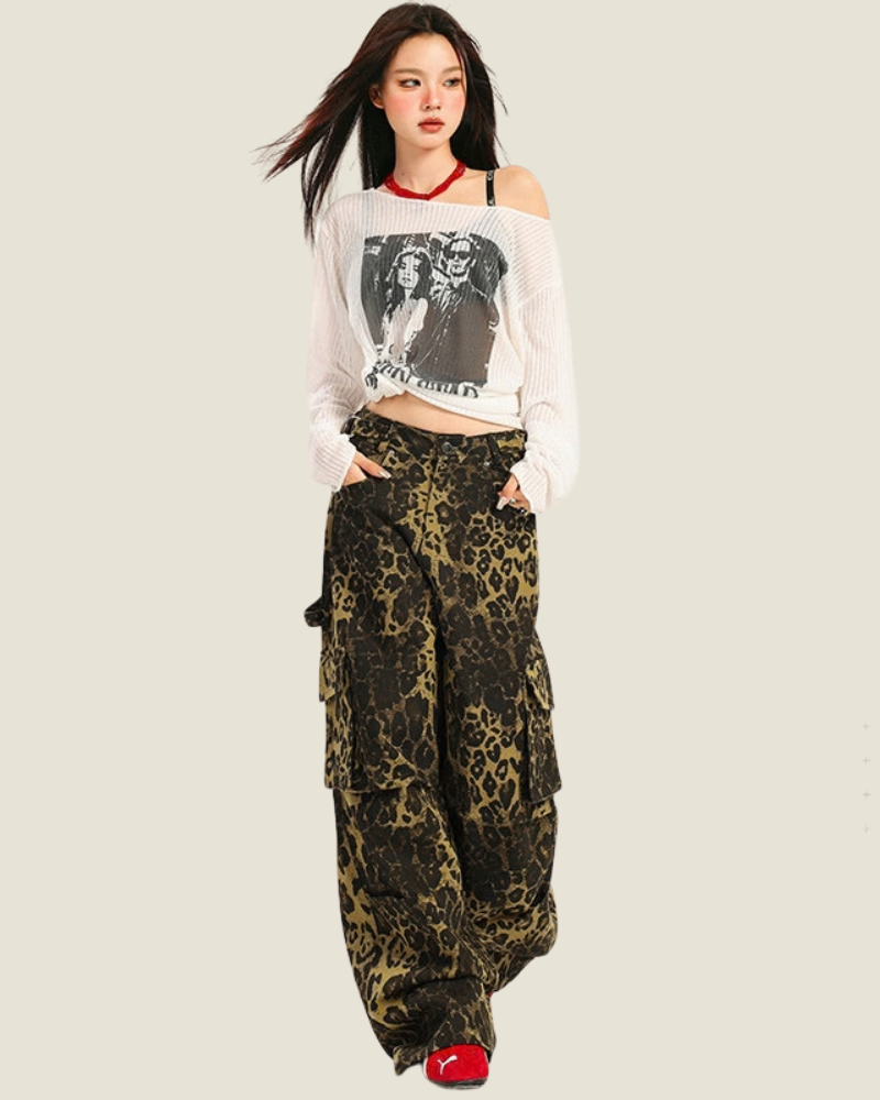 Streetwear Women’s Loose Fit Cargo Leopard Jeans