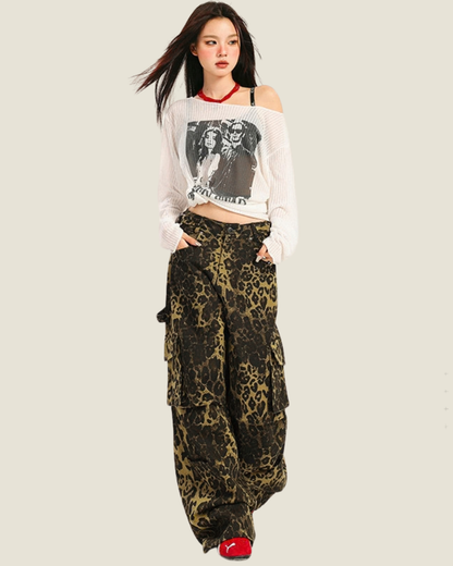 Streetwear Women’s Loose Fit Cargo Leopard Jeans