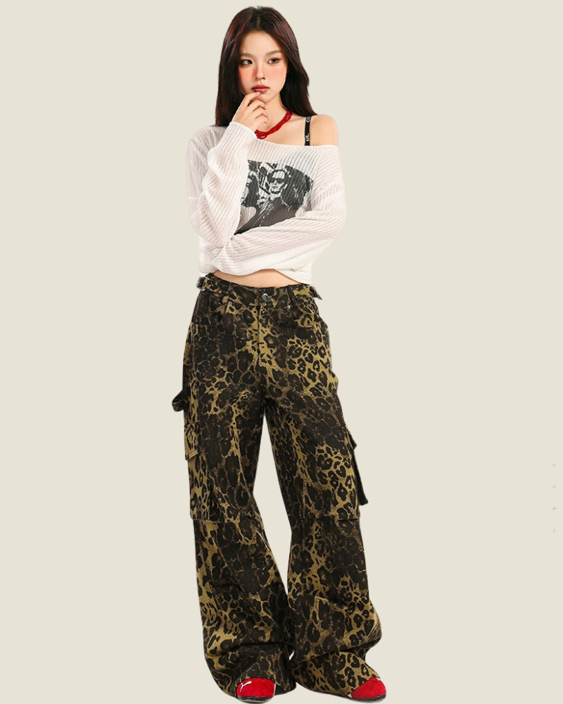 Streetwear Women’s Loose Fit Cargo Leopard Jeans