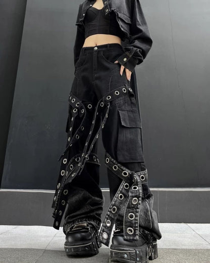 Streetwear Ribbon Multi-Pocket Cargo Pants
