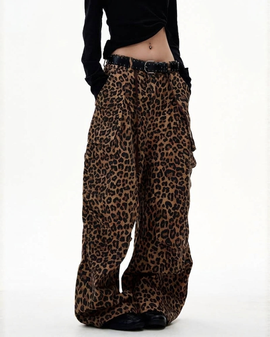 Streetwear Unisex Loose-Fit Cargo Leopard Jeans