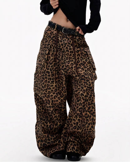 Streetwear Unisex Loose-Fit Cargo Leopard Jeans