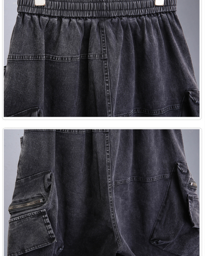Summer Wasteland Style Washed Cargo Denim Shorts