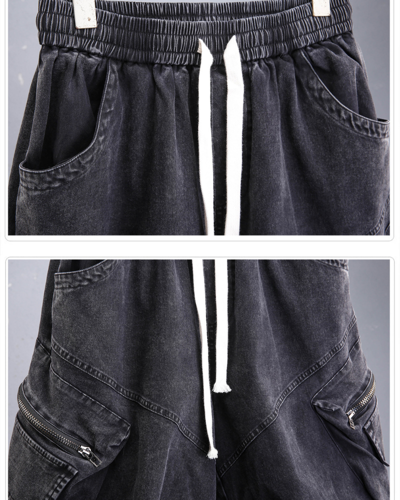 Summer Wasteland Style Washed Cargo Denim Shorts