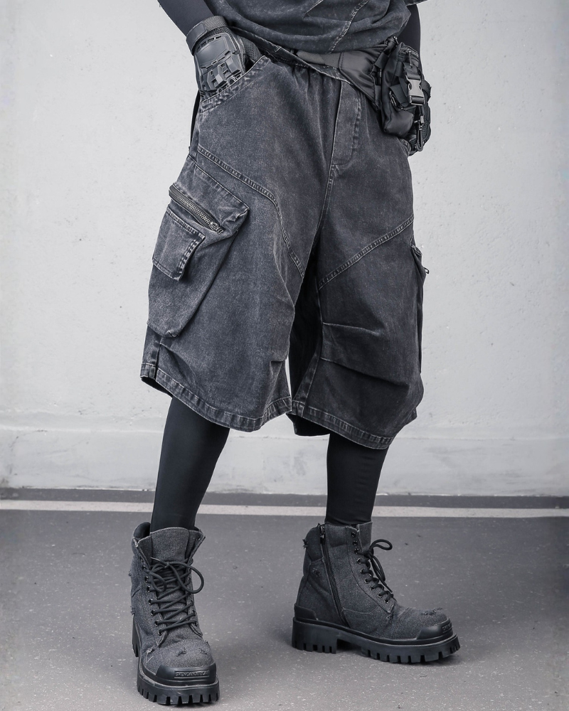 Summer Wasteland Style Washed Cargo Denim Shorts