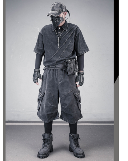 Summer Wasteland Style Washed Cargo Denim Shorts