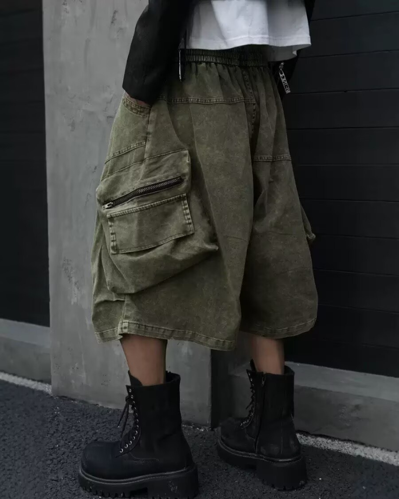 Summer Wasteland Style Washed Cargo Denim Shorts