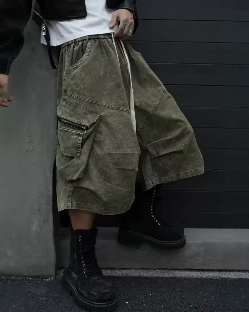 Summer Wasteland Style Washed Cargo Denim Shorts