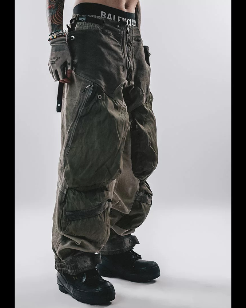 Post-Apocalyptic Washed 3D Panel Multi-Pocket Cargo Pants