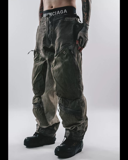 Post-Apocalyptic Washed 3D Panel Multi-Pocket Cargo Pants