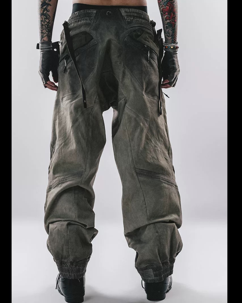 Post-Apocalyptic Washed 3D Panel Multi-Pocket Cargo Pants