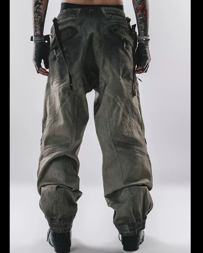 Post-Apocalyptic Washed 3D Panel Multi-Pocket Cargo Pants