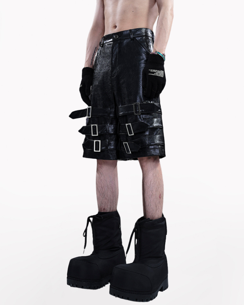 Techwear Heavy Buckled PU Leather Shorts