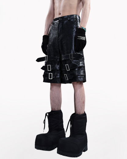 Techwear Heavy Buckled PU Leather Shorts