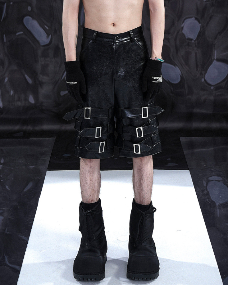 Techwear Heavy Buckled PU Leather Shorts