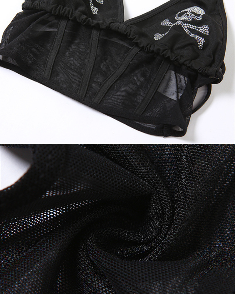 Opium Style Rhinestone Halter Neck Mesh Top