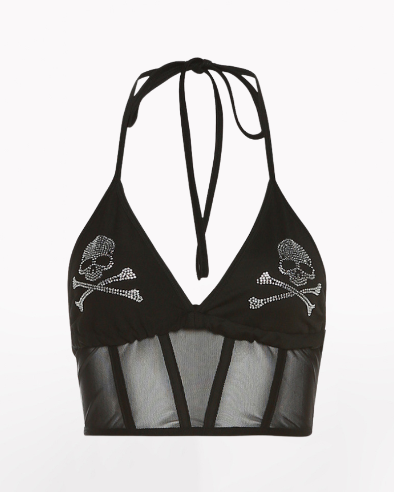 Opium Style Rhinestone Halter Neck Mesh Top