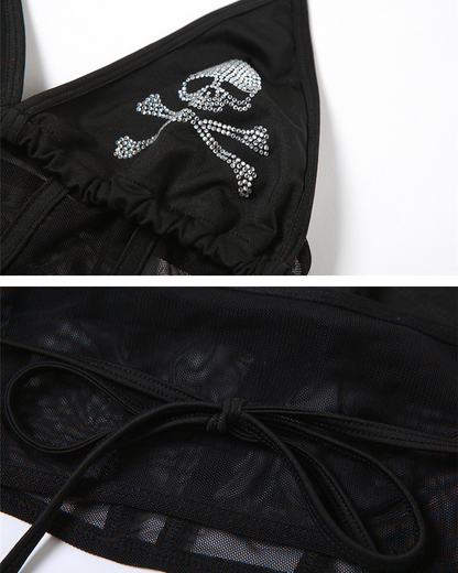 Opium Style Rhinestone Halter Neck Mesh Top