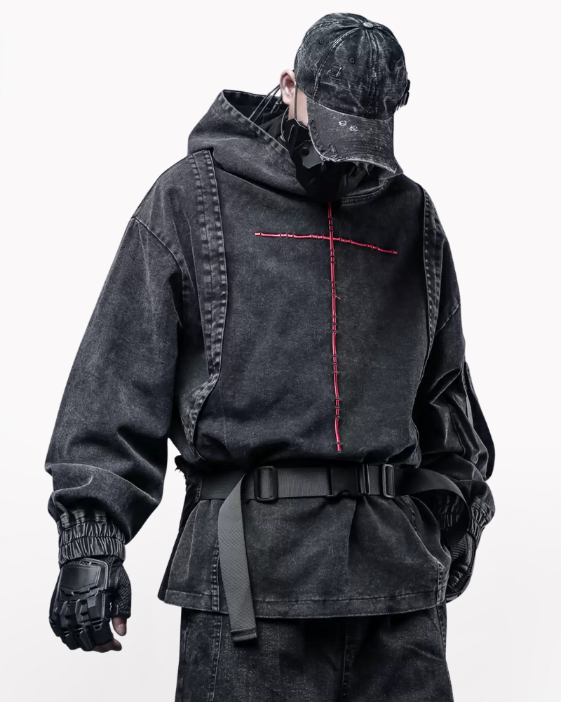 Techwear Street Men’s Washed Cross Hoodie