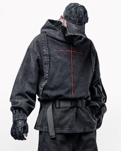 Techwear Street Men’s Washed Cross Hoodie