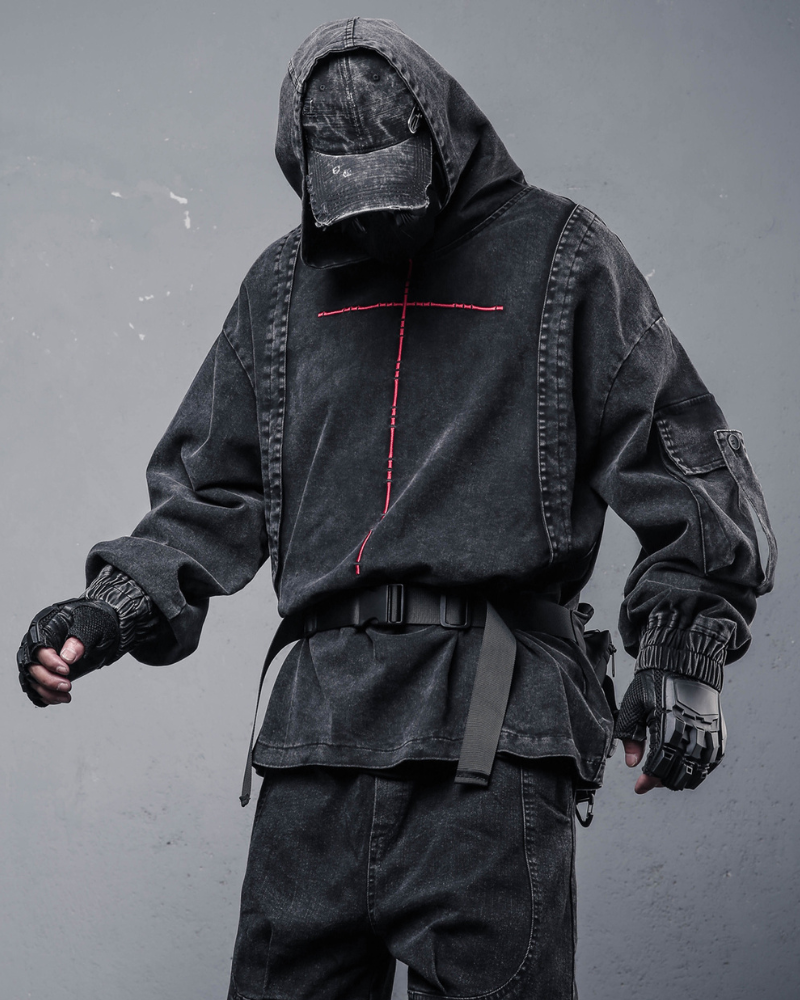 Techwear Street Men’s Washed Cross Hoodie
