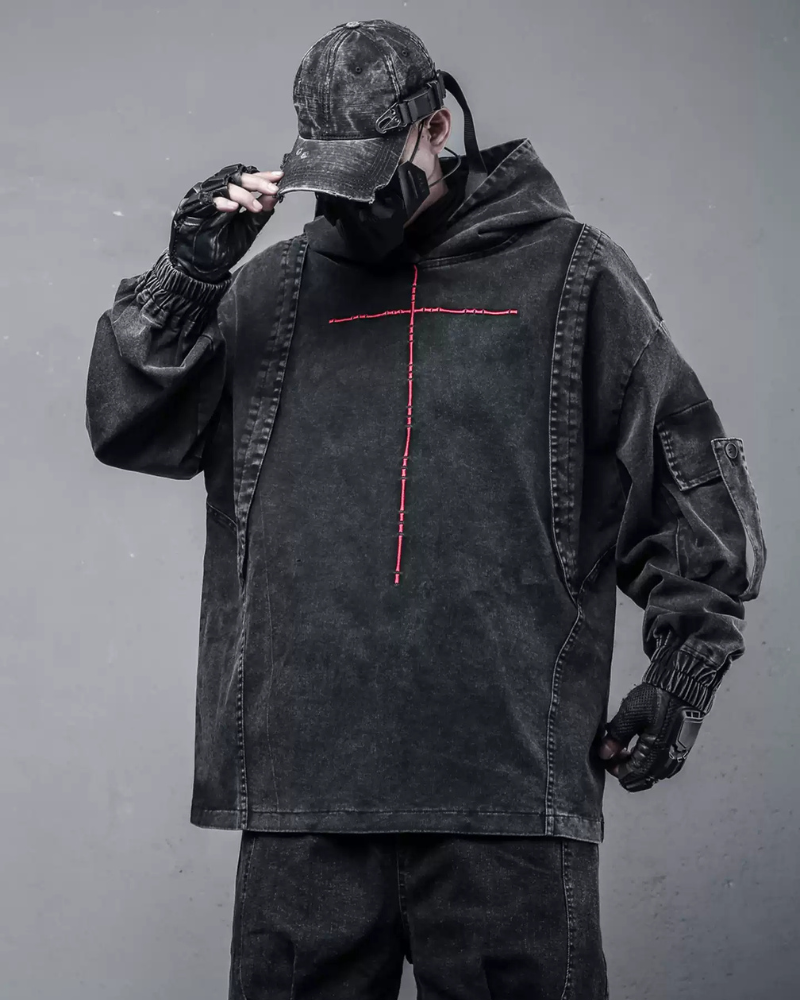 Techwear Street Men’s Washed Cross Hoodie