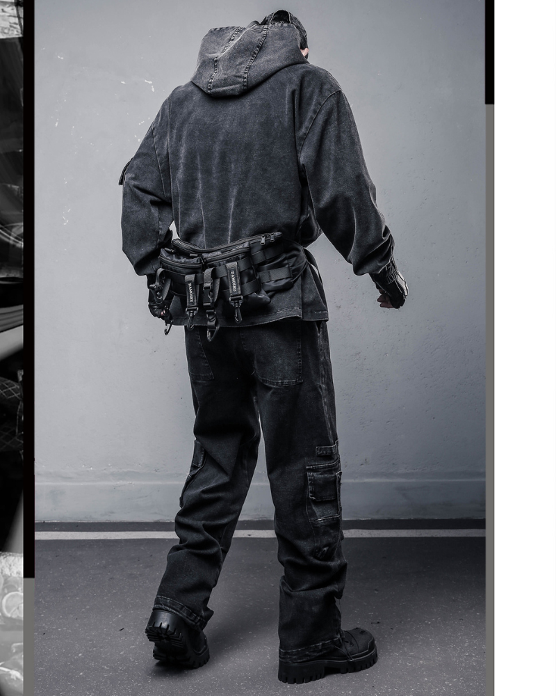 Techwear Street Men’s Washed Cross Hoodie