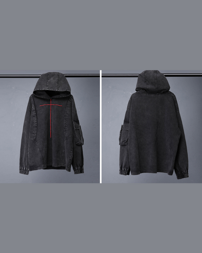 Techwear Street Men’s Washed Cross Hoodie