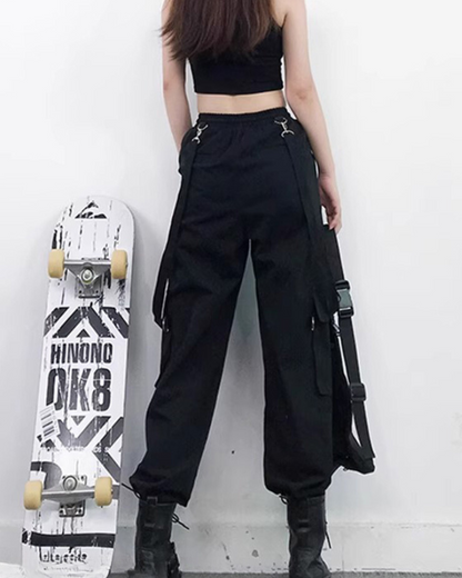 Techwear Women Black Straps Cargo Pants