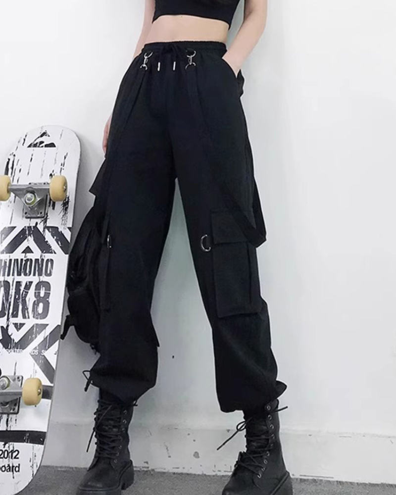 Techwear Women Black Straps Cargo Pants