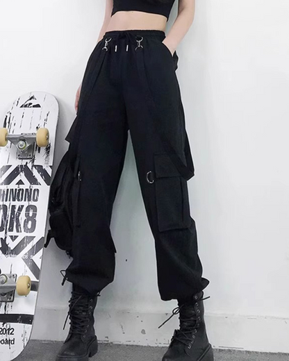 Techwear Women Black Straps Cargo Pants