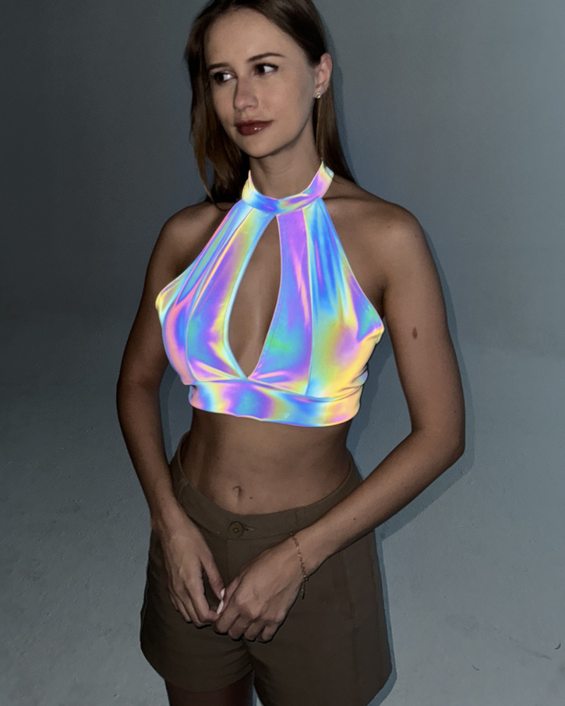 Techwear Rave Clothing Colorful Reflective Halter Top