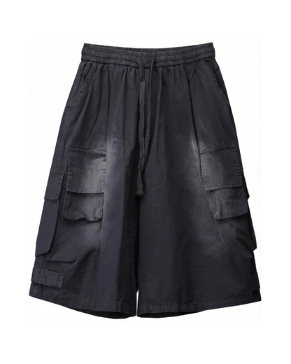 Techwear Distressed Wide-Leg Cargo Shorts