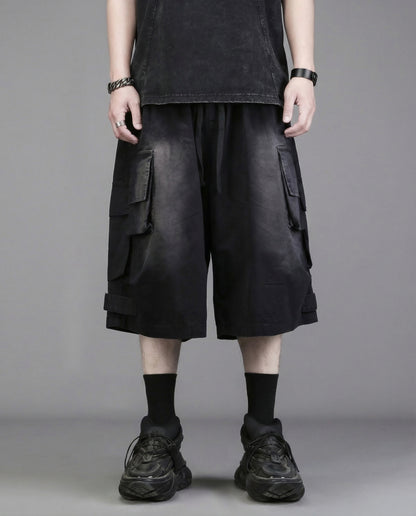 Techwear Distressed Wide-Leg Cargo Shorts
