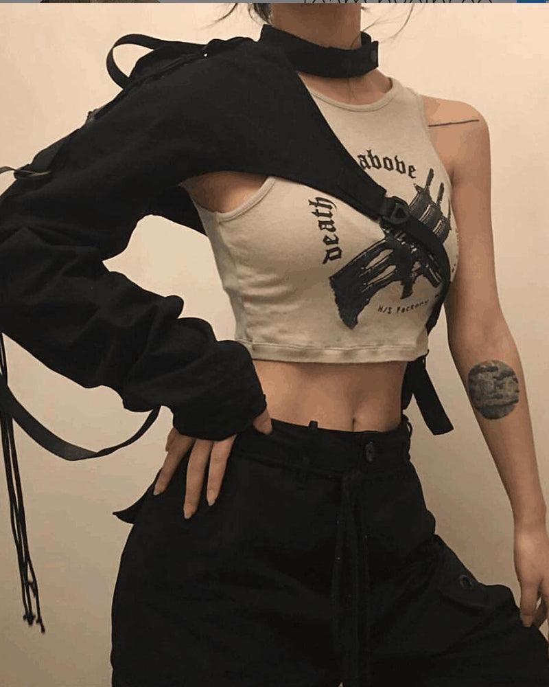 Techwear One Shoulder Sleeve Buckle Top