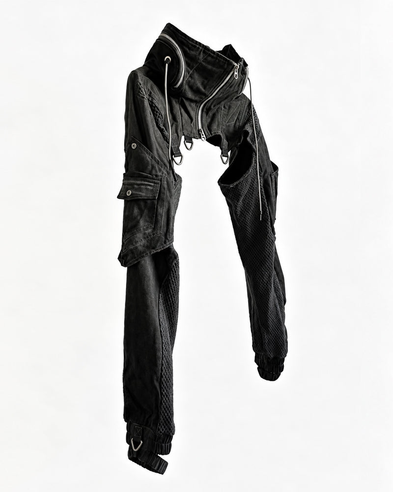 Techwear Post-Apocalyptic Hooded Mesh Color-Block Cape Jacket