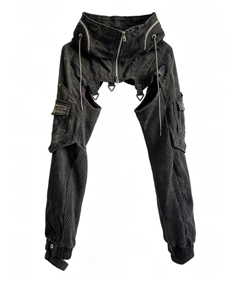 Techwear Post-Apocalyptic Hooded Mesh Color-Block Cape Jacket