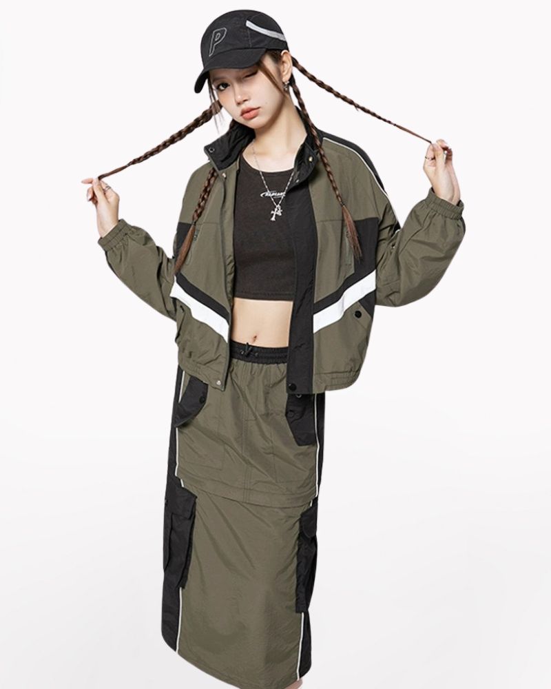 Vintage Patchwork Detachable Long Cargo Skirt