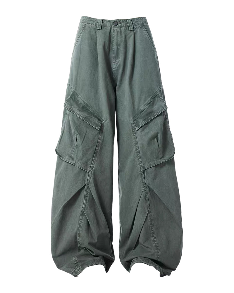 Vintage Washed Army Green Parachute Cargo Pants