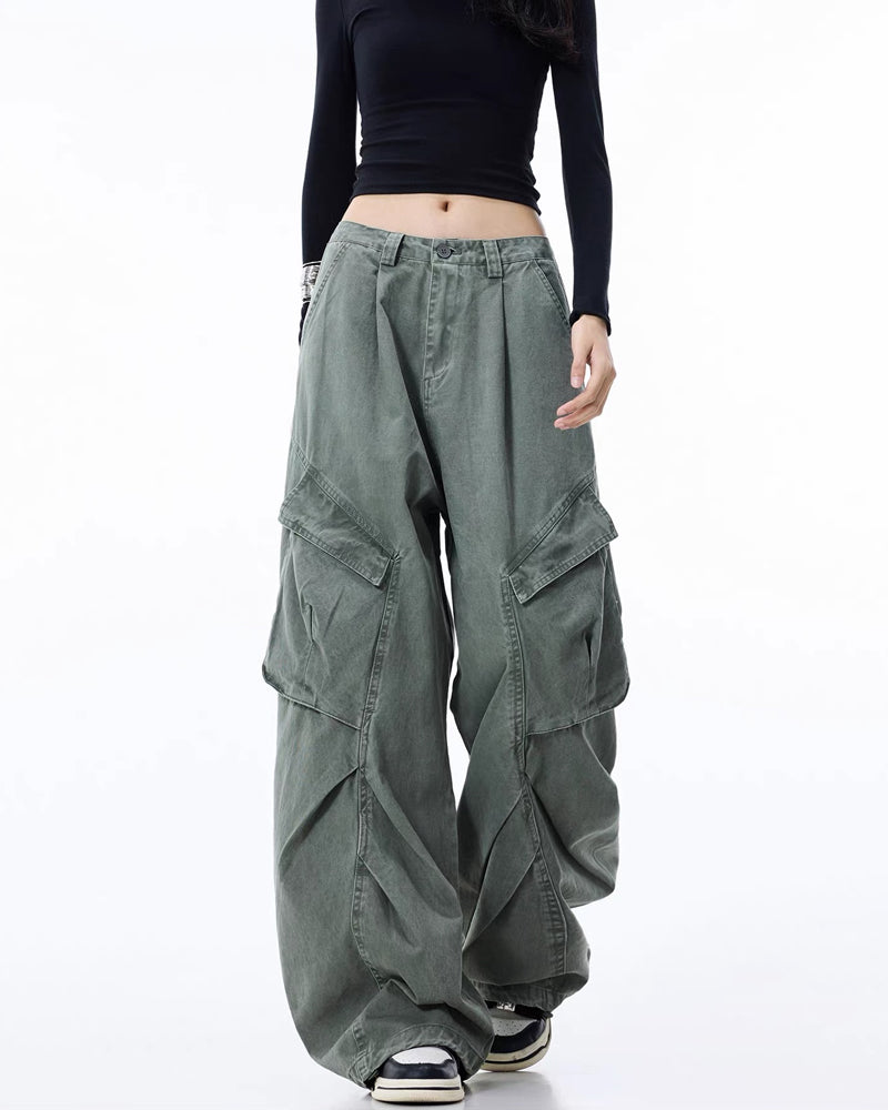 Vintage Washed Army Green Parachute Cargo Pants