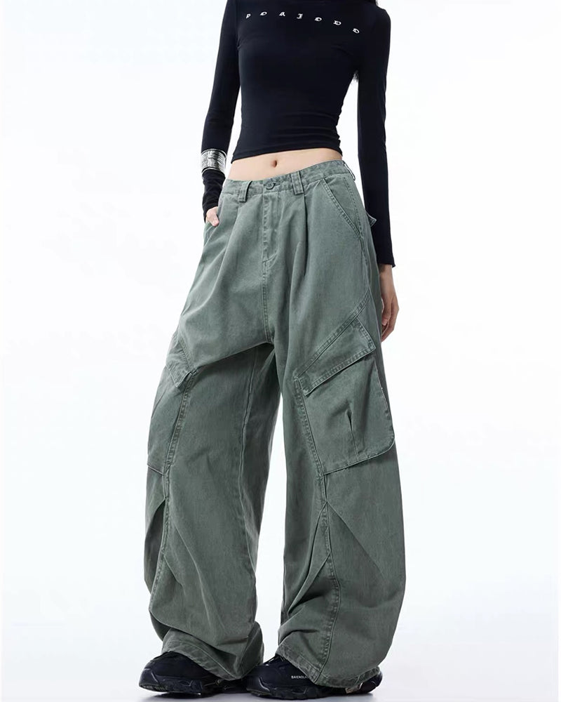 Vintage Washed Army Green Parachute Cargo Pants