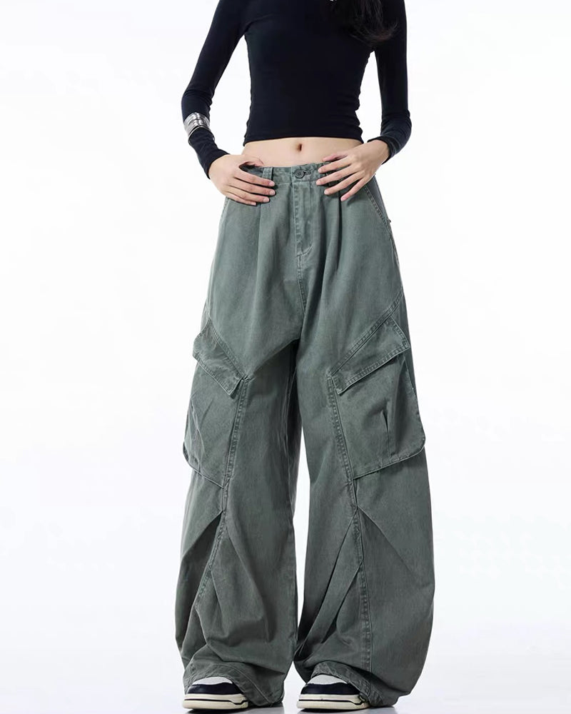 Vintage Washed Army Green Parachute Cargo Pants