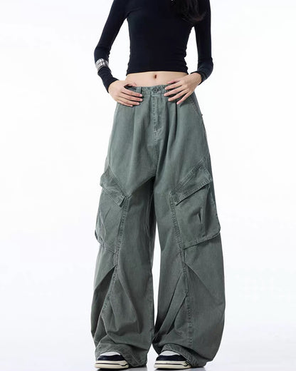Vintage Washed Army Green Parachute Cargo Pants