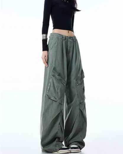 Vintage Washed Army Green Parachute Cargo Pants