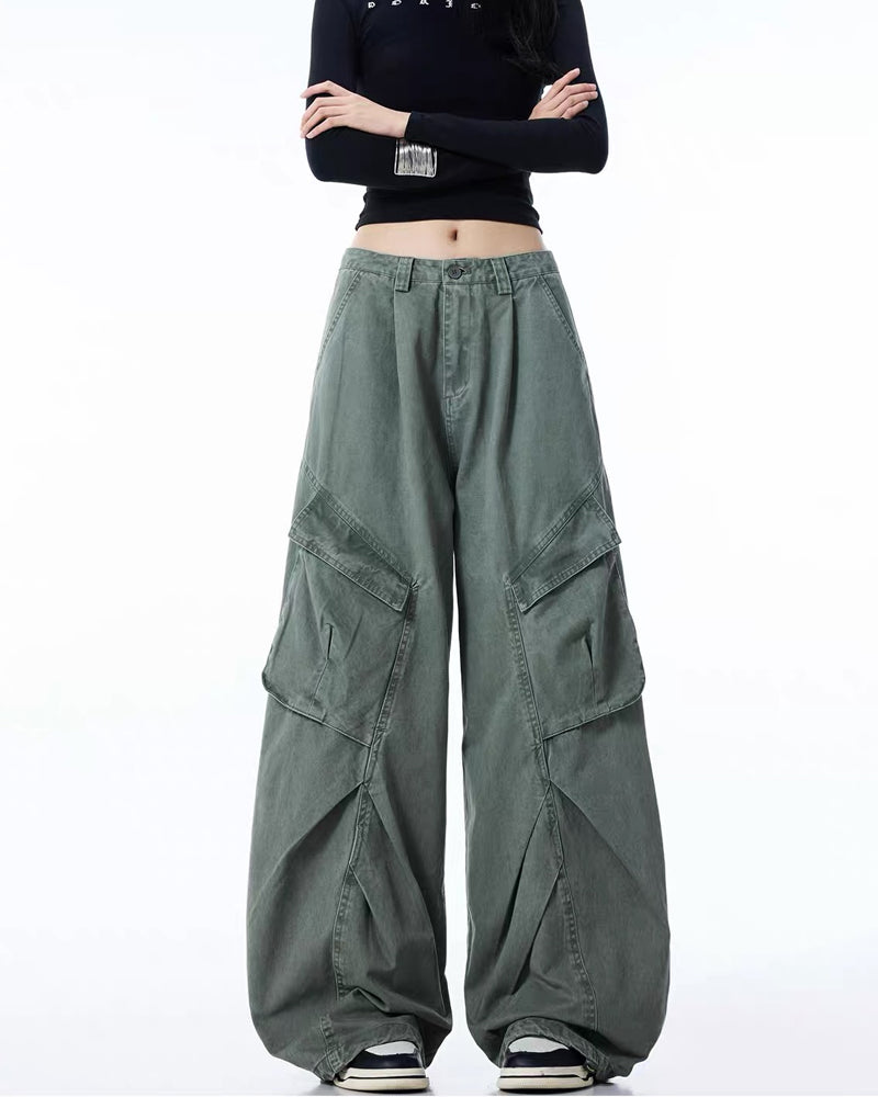 Vintage Washed Army Green Parachute Cargo Pants