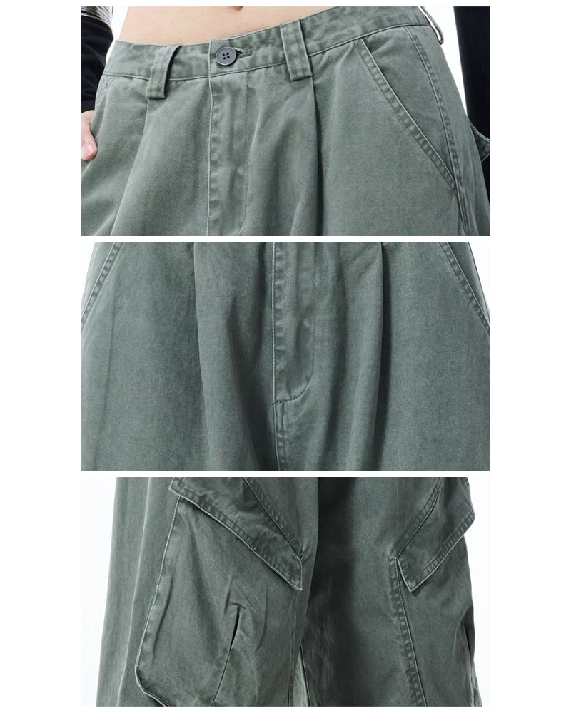 Vintage Washed Army Green Parachute Cargo Pants
