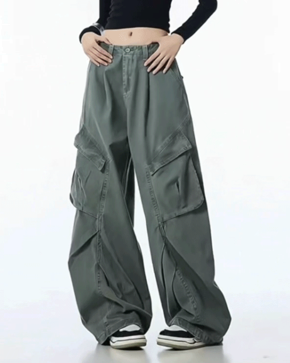 Vintage Washed Army Green Parachute Cargo Pants
