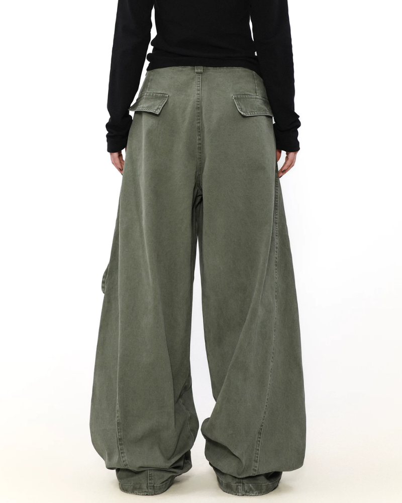 Vintage Washed Army Green Parachute Cargo Pants
