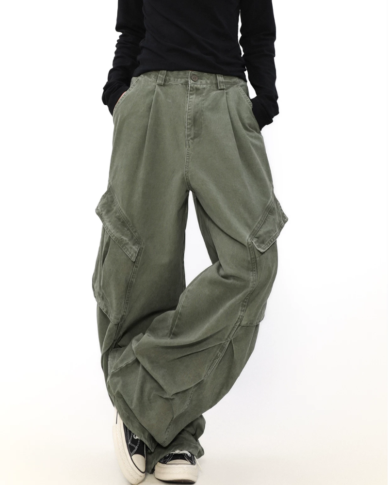 Vintage Washed Army Green Parachute Cargo Pants